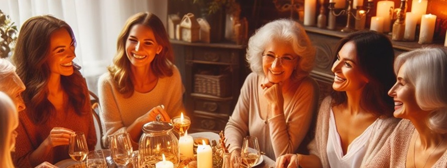 Eine Gruppe von Frauen sitzt an einem Tisch, umgeben von Kerzenlicht, und lachen miteinander.